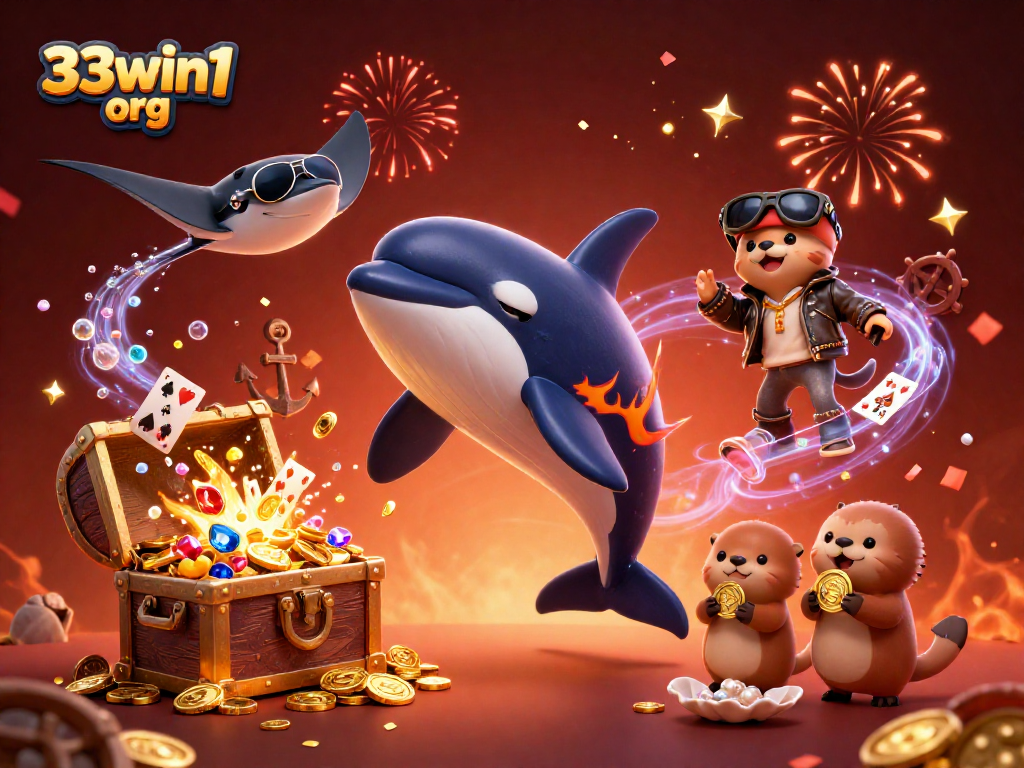 33win1 org showcases a thrilling casino-themed scene with vibrant characters and exciting game elements.