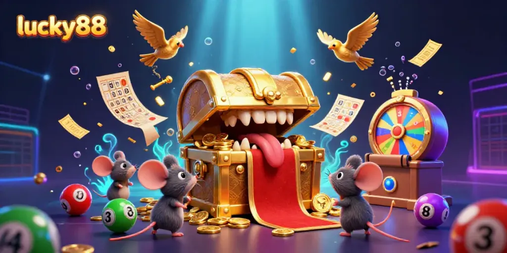 Winning at lucky88: Engaging treasure chest mimic luring adventurer mice in a vibrant casino scene.