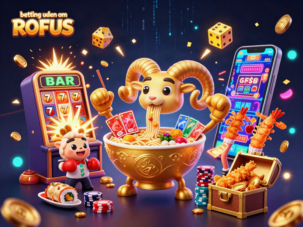 Experience betting uden om ROFUS with dynamic characters and exciting casino elements in this vibrant illustration.
