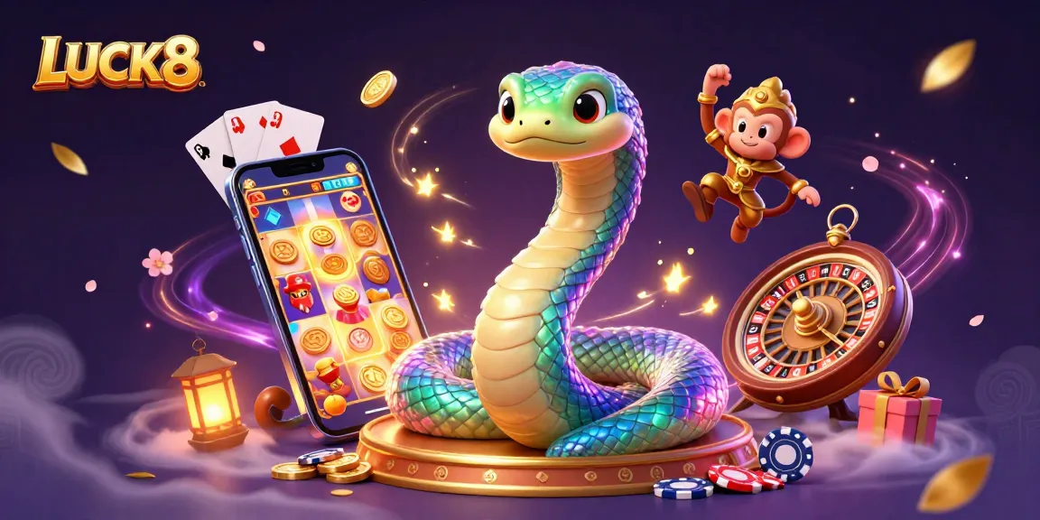 Play and win at LUCK8 with a vibrant 3D casino scene of colorful games and magical elements.