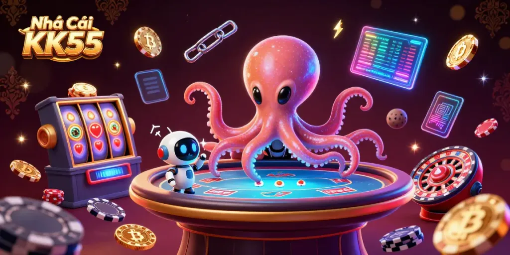 Engage with Nhà Cái KK55 through vibrant casino action, featuring an octopus playing poker in a dynamic 3D illustration