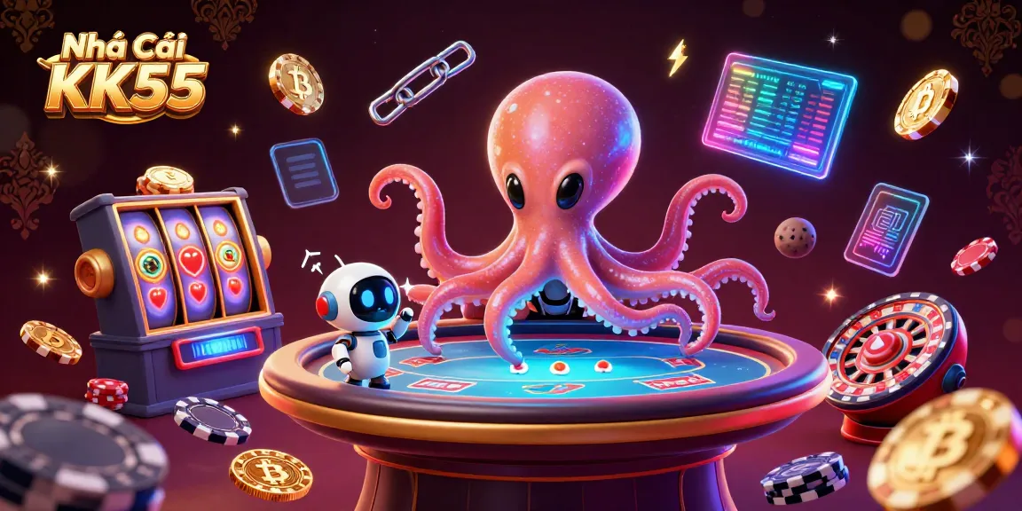 Engage with Nhà Cái KK55 through vibrant casino action, featuring an octopus playing poker in a dynamic 3D illustration