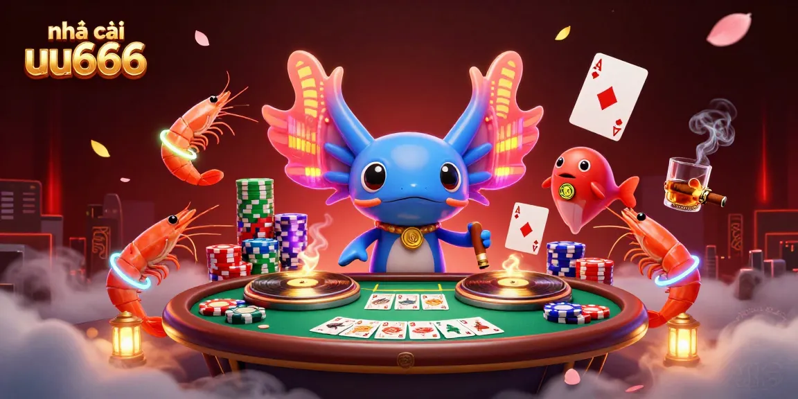 Experience excitement at nhà cái uu666 with vibrant DJ axolotl and animated shrimp in this casino scene.