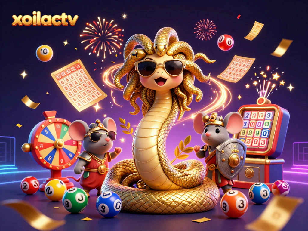 Engage with xoilactv's vibrant 3D casino scene featuring Medusa and dynamic lottery action.