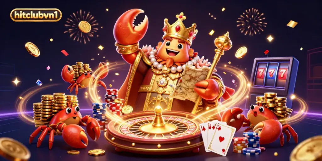 Witness the hitclubvn1 adventure with a golden crab emperor and treasure in a festive casino scene.