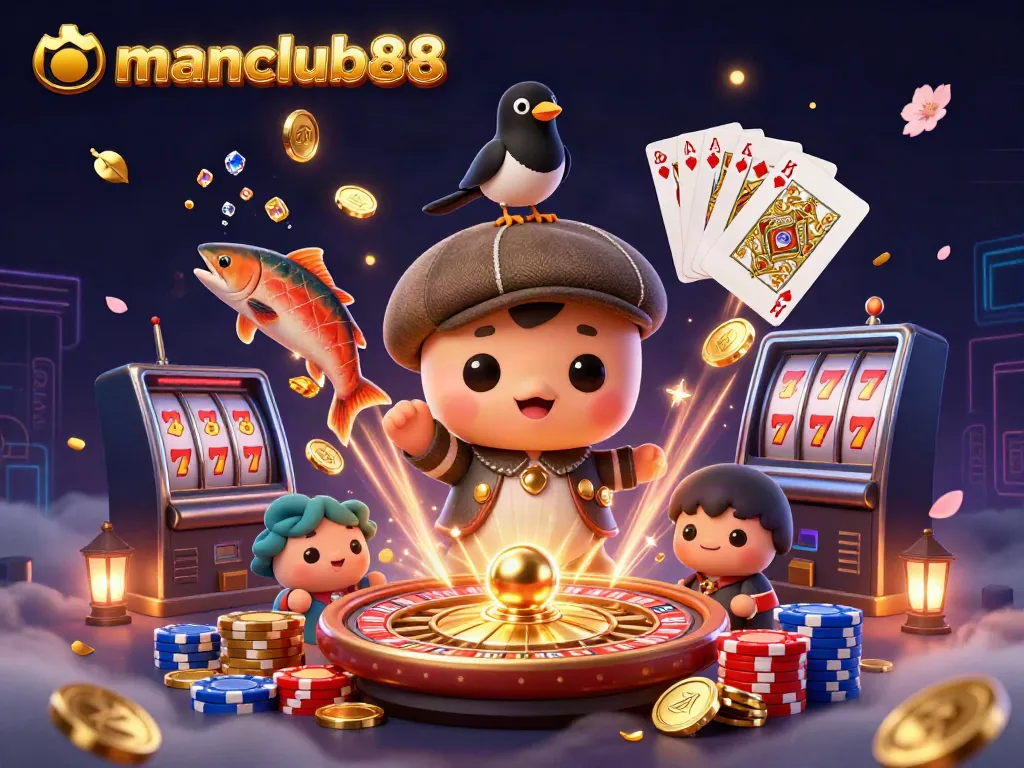 Win big with manclub88 in this vibrant 3D scene featuring playful characters and casino elements.