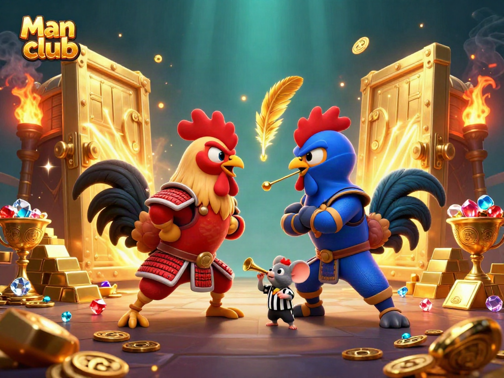 Experience thrilling battles at Man club with dynamic rooster warriors surrounded by treasure!