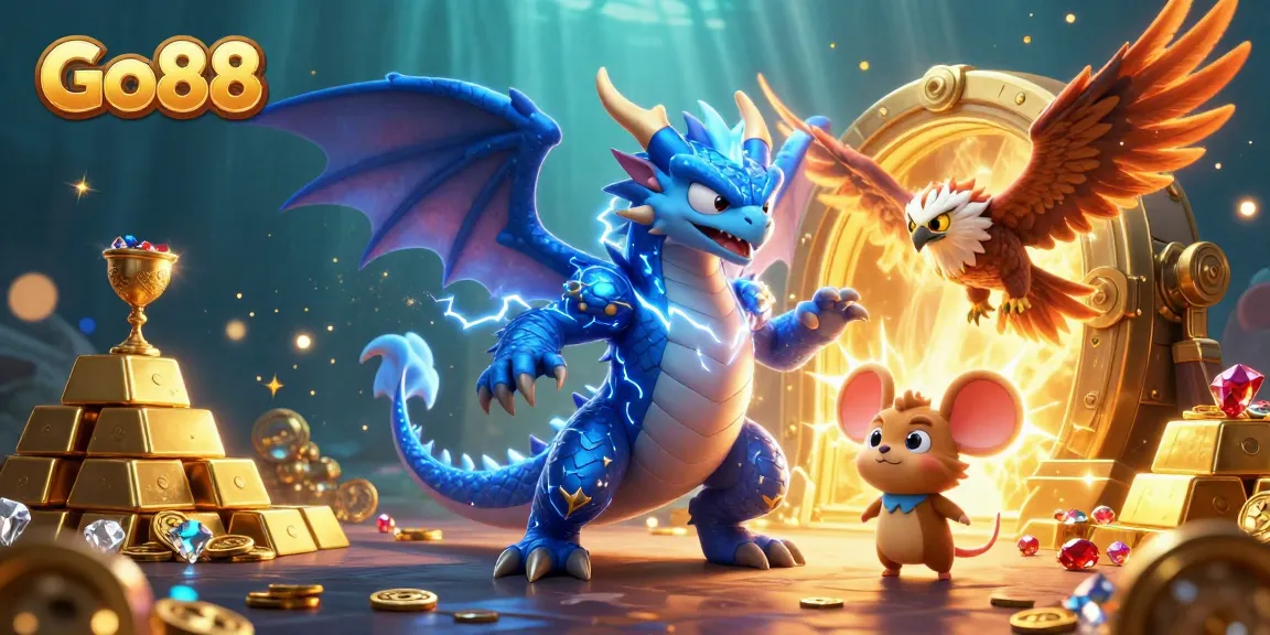 Engaging Go88 illustration showcasing vibrant casino elements with a powerful dragon, hawk, and treasures.