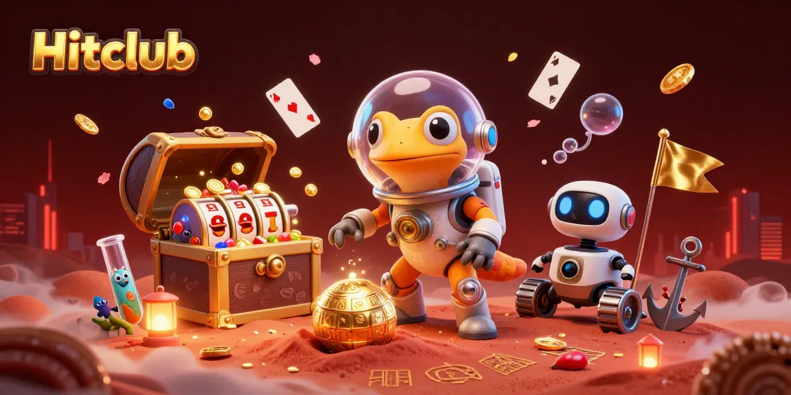 Hitclub showcases a Martian gecko discovering a golden casino in a dynamic 3D illustration filled with game elements.