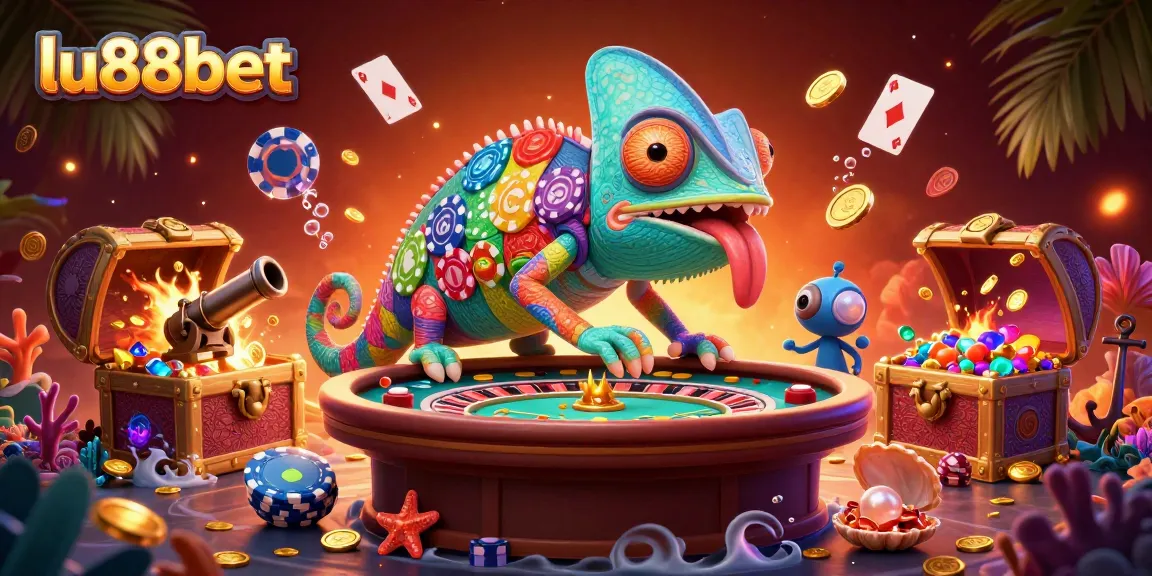 Experience thrilling casino adventures with lu88bet's vibrant 3D chameleon character collecting golden coins among gems.