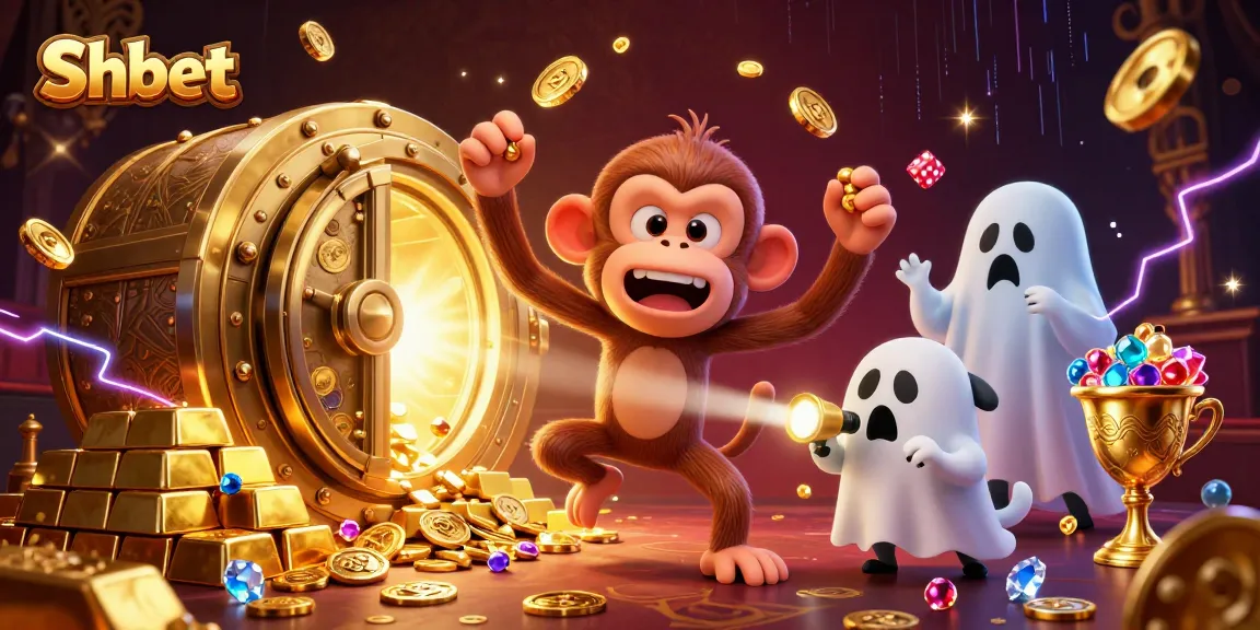 Experience thrilling wins at Shbet while a mischievous monkey juggles treasures in a haunted casino scene.