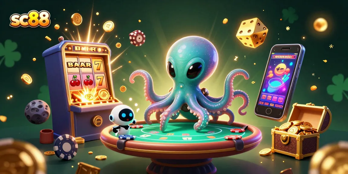 Join the fun at sc88, where an alien octopus and robot explore thrilling casino games.