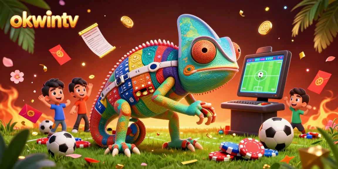 okwintv sports betting scene featuring a colorful chameleon as a casino owner surrounded by dynamic gaming elements.