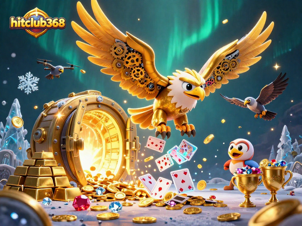 Hitclub368 showcases thrilling play with 3D cybernetic eagle diving through cards in a vibrant casino scene.