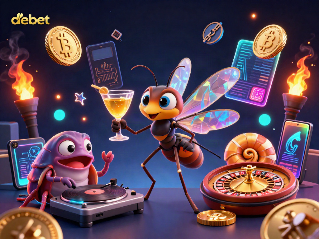 Experience the vibrant world of debet with a lively casino scene featuring rich 3D characters and glowing crypto elements.