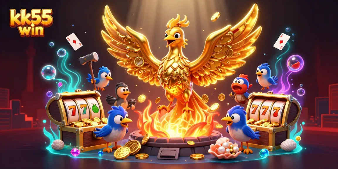 Experience the thrill of kk55 win with this vibrant 3D illustration featuring a phoenix and casino elements!