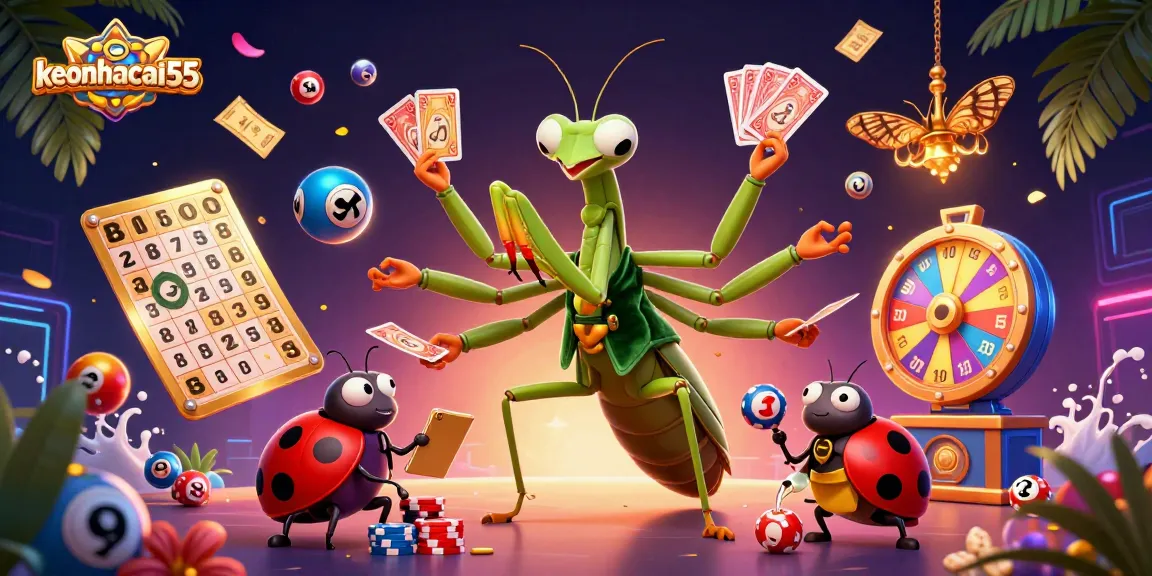 Engage with keonhacai55 as the giant praying mantis sharp deals cards amidst a vibrant casino scene.