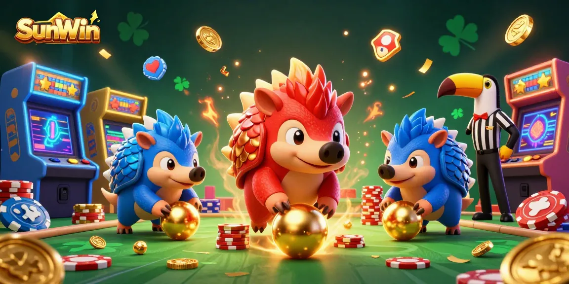 Engage in thrilling casino action with SunWin, featuring colorful rival pangolins bowling through poker chips.