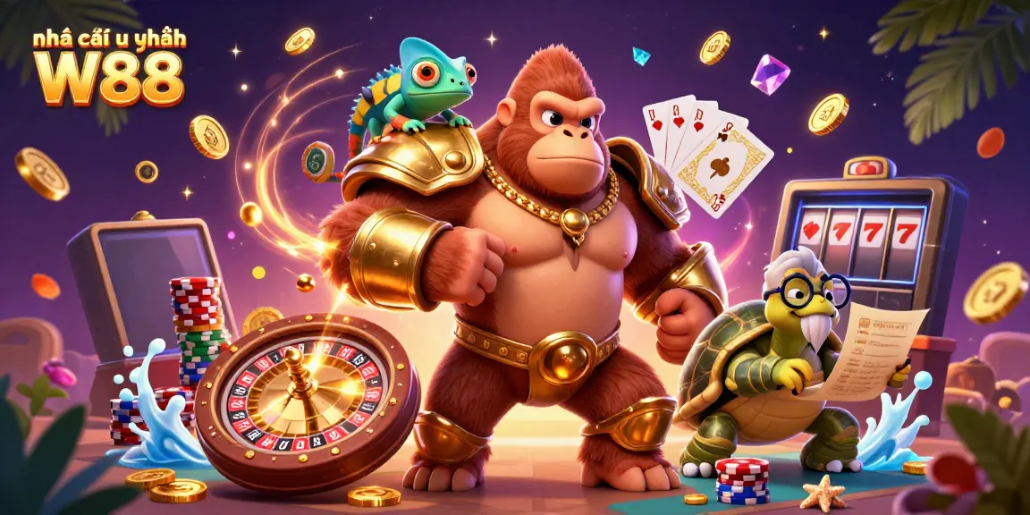 Experience the thrilling atmosphere at Nhà cái uy tín W88 with a powerful gorilla and friends amidst casino riches.