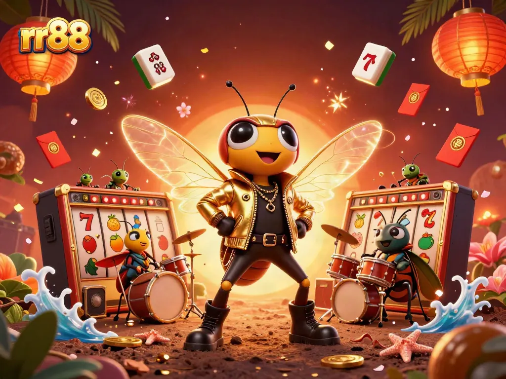 Exciting rr88 casino game scene with a rock star cicada, beetle drummer, and festive symbols.