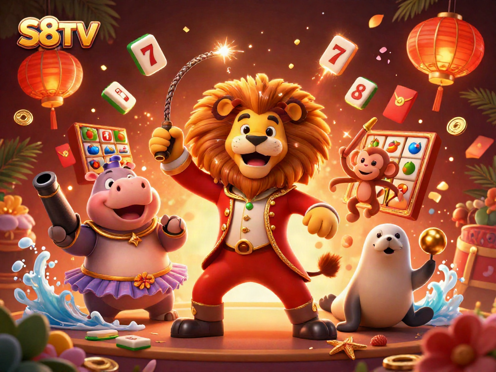S8TV engages players with vibrant circus-themed casino illustration showcasing lively characters and slot games