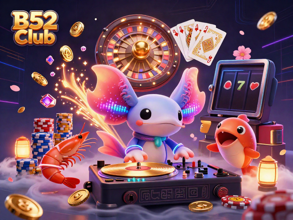 B52 Club engaging players with a neon-colored axolotl DJ in an energetic casino scene.