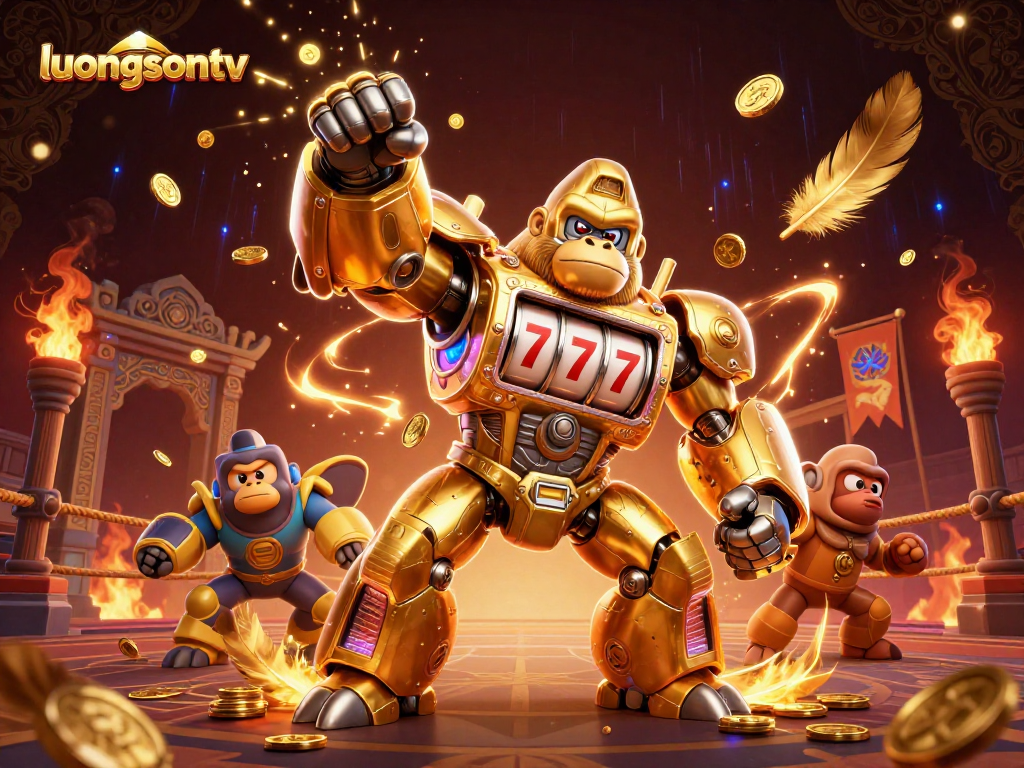 Experience the thrill of luongsontv with a 3D scene featuring a golden gorilla mech and dynamic gambling elements.