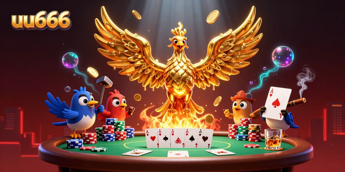 Experience thrilling action at uu666 with a golden phoenix emerging from a forge surrounded by poker elements.