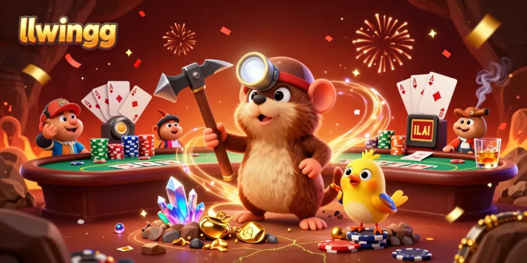 Experience vibrant casino fun with LLWIN featuring a treasure hunter mole and poker elements.