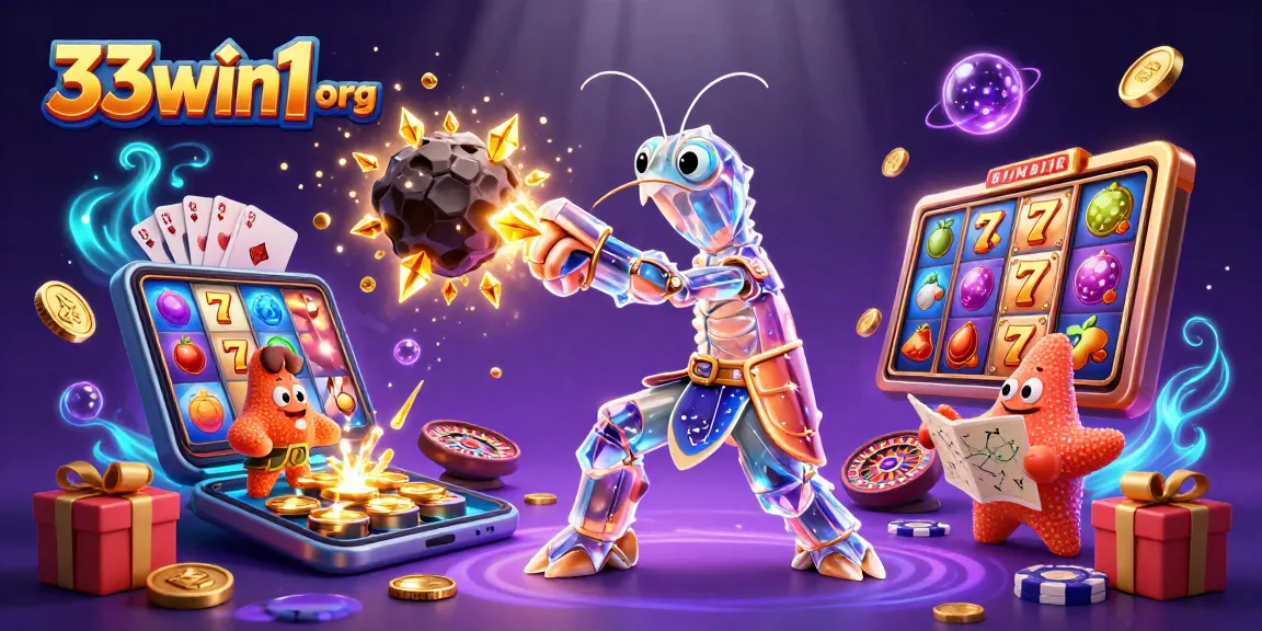 Engage with 33win1 org in a vibrant 3D scene of a galactic samurai mantis shrimp and a starfish amidst exciting slot game elements.