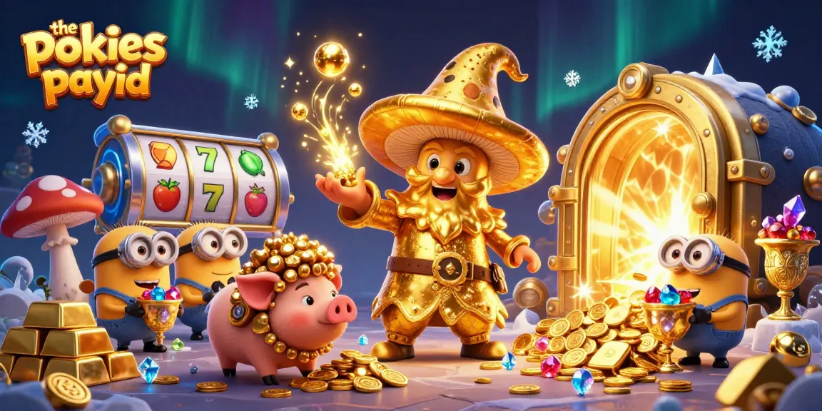 "Experience the thrill of the pokies payid with a whimsical scene of gold and treasures in a magical casino setting."