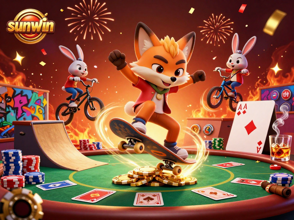 Engage with sunwin’s thrilling casino atmosphere featuring skateboarder fox and BMX rabbit.