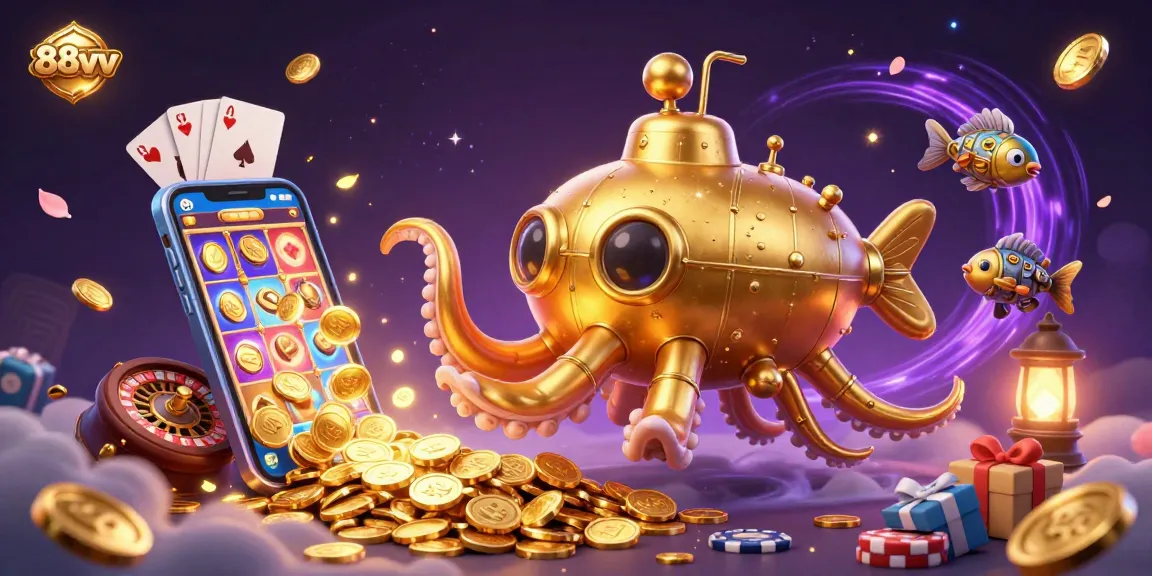 Experience the thrill of 88vv with a vibrant scene of a golden kraken submarine and slot games.
