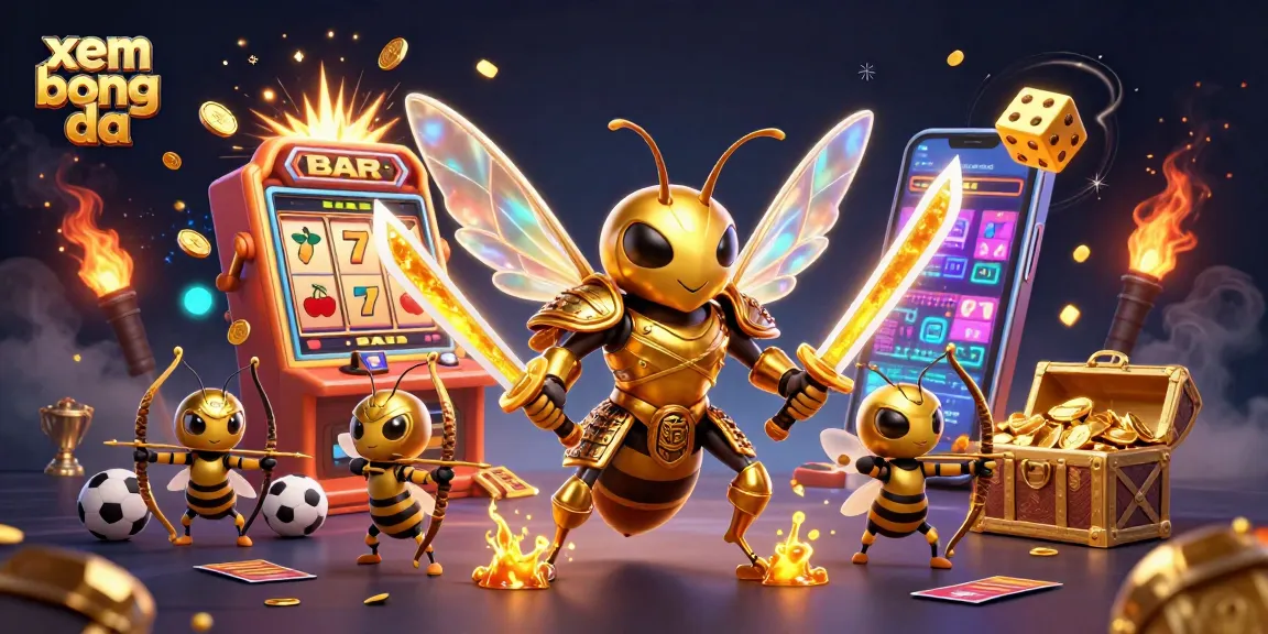 Xem bong da with a vibrant scene of golden hornet and sports elements, capturing high-energy action.