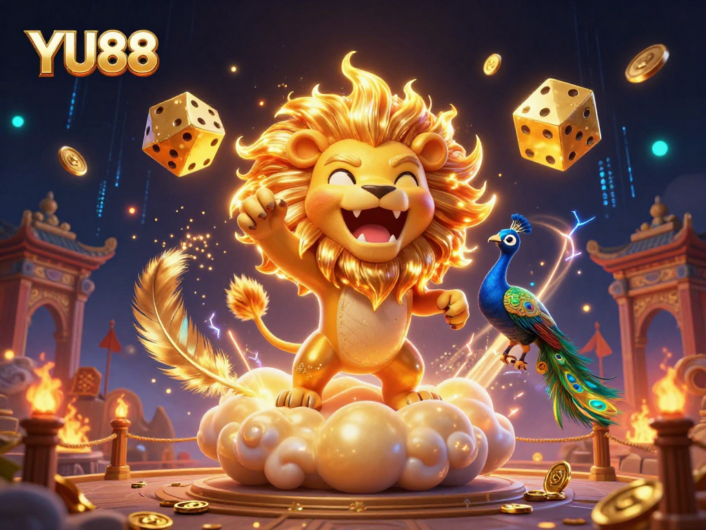 Experience the excitement of YU88 with a dynamic 3D casino illustration involving enthralling characters and vibrant game elements.