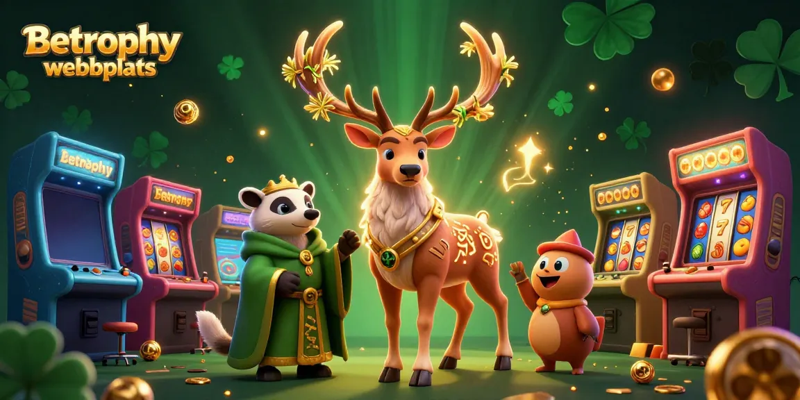 Spela på Betrophy webbplats med en storslagen 3D-illustration av en keltisk druid och en klok grävling, omgiven av färgglada spelmaskiner.