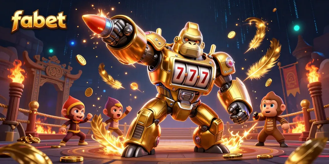 Fabet's golden gorilla mech bursts into action, showcasing an exciting casino atmosphere with slot machine elements.
