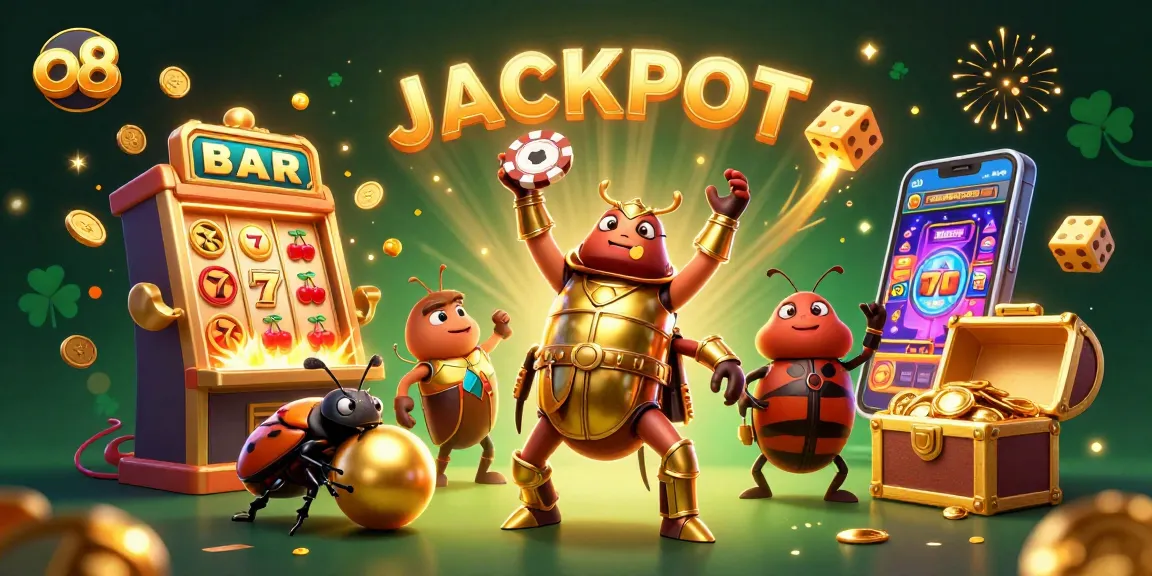 Experience thrilling wins at O8 with a jackpot explosion and lucky symbols surrounding a victorious beetle.