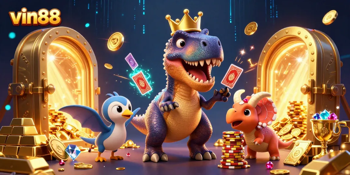 Engage in thrilling gambling at vin88 with friendly cartoon dinosaurs in an exciting casino scene.