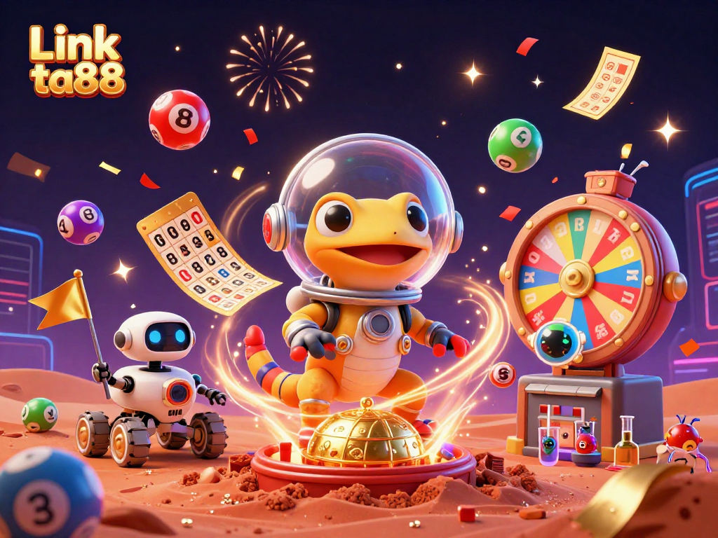 Experience excitement with Link ta88 in a vibrant Martian casino scene filled with colorful lottery elements.