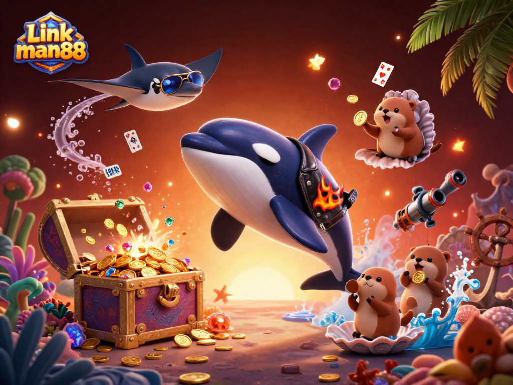 Join the excitement at Link man88 with vibrant sea creatures and casino elements surrounding in this dynamic illustration.