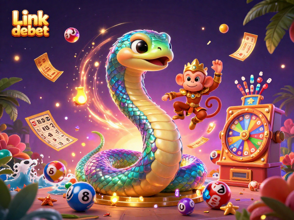 Engage with Link debet in this vibrant 3D casino illustration featuring magical elements and lottery excitement.