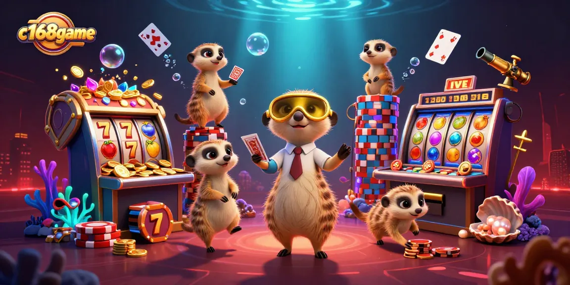 Experience fun with c168game as meerkats enjoy lively casino scenes filled with slot reels and colorful gems.