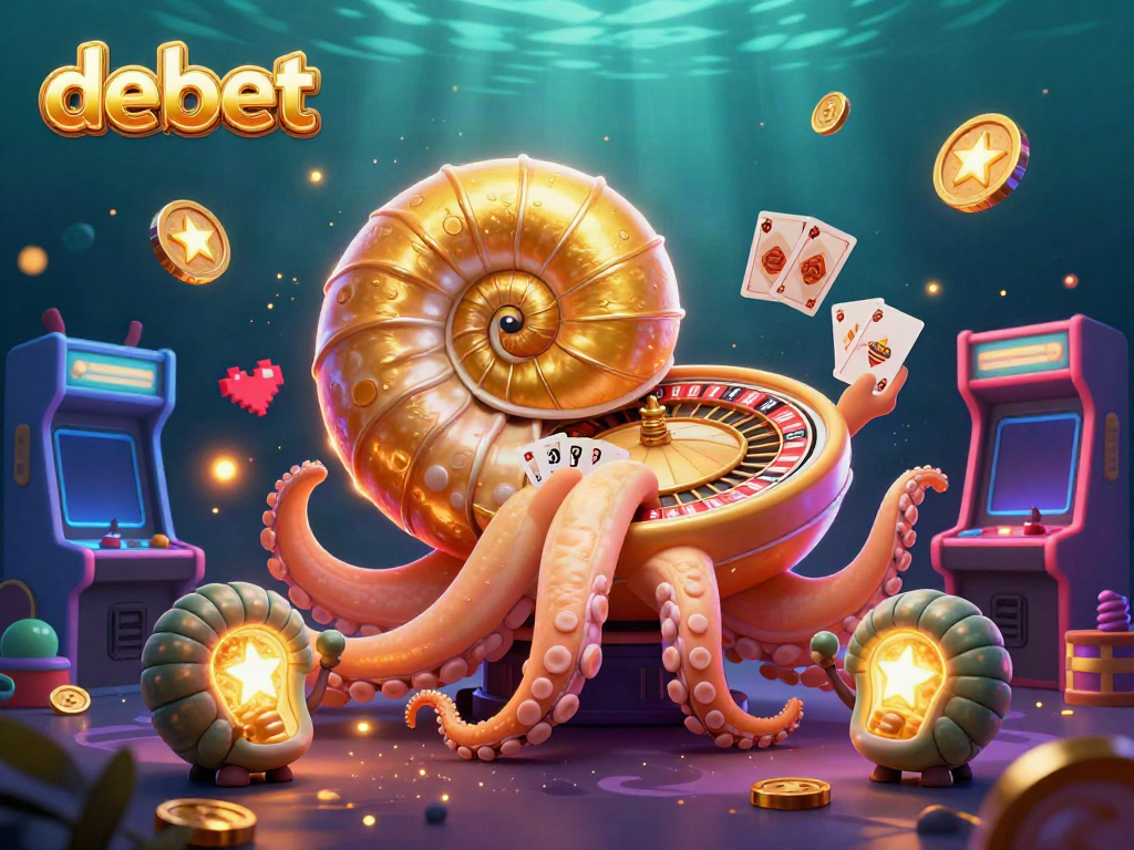 Experience the thrill of debet with a lively 3D casino scene featuring a giant nautilus as roulette and glowing ammonite companions.