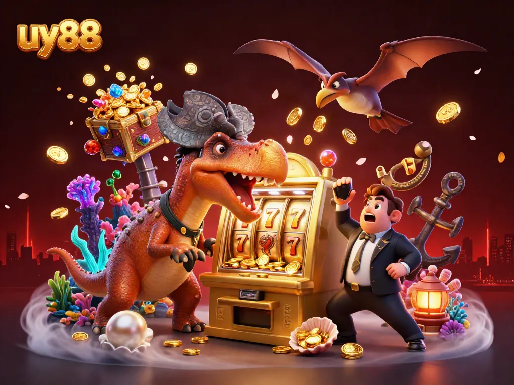 uy88 casino illustration with a dinosaur hitting a slot machine for jackpots