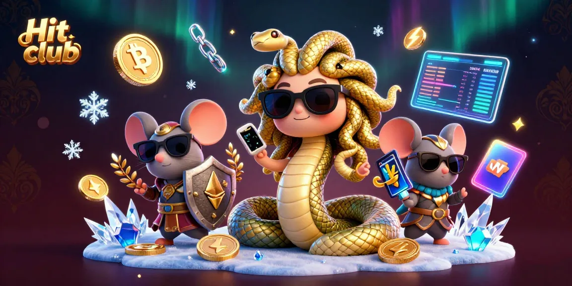 Engage with Hit club's lively casino experience featuring playful characters amidst glowing crypto coins.