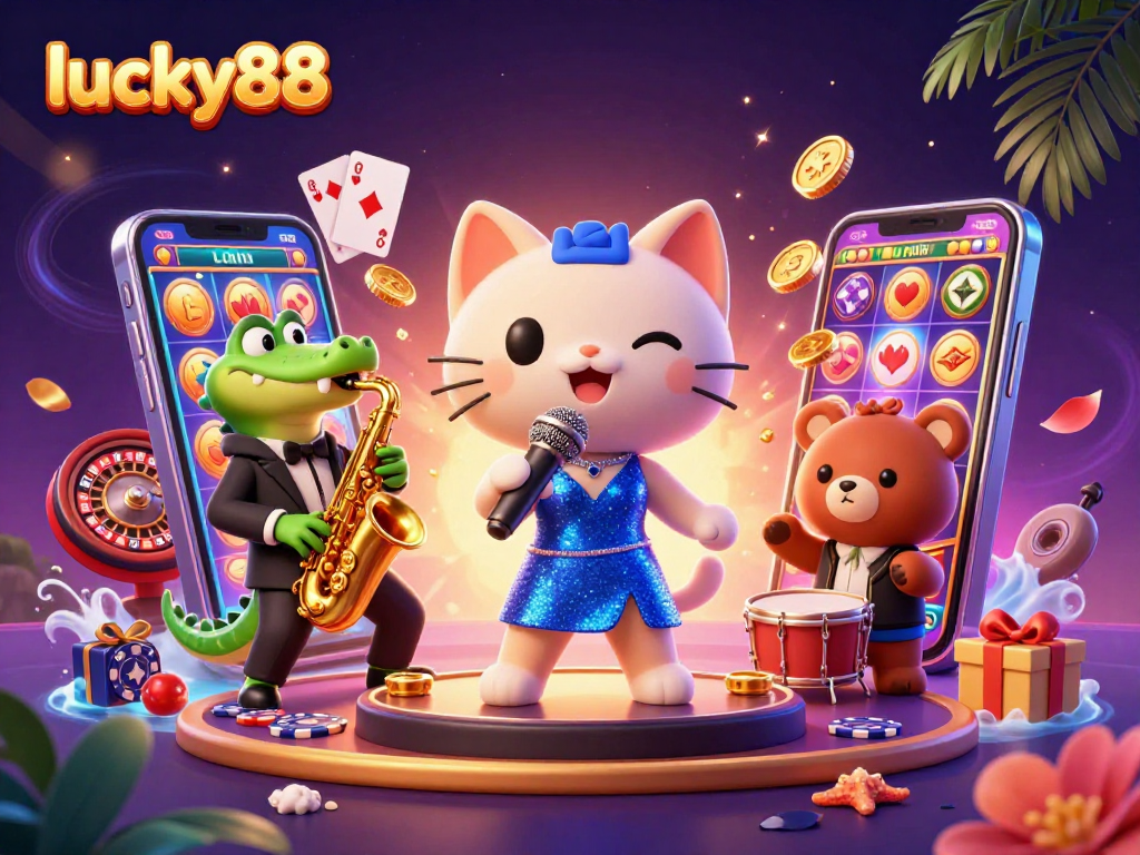 Spin colorful slots at lucky88 with a jazz-singer cat, crocodile saxophonist, and bear drummer.