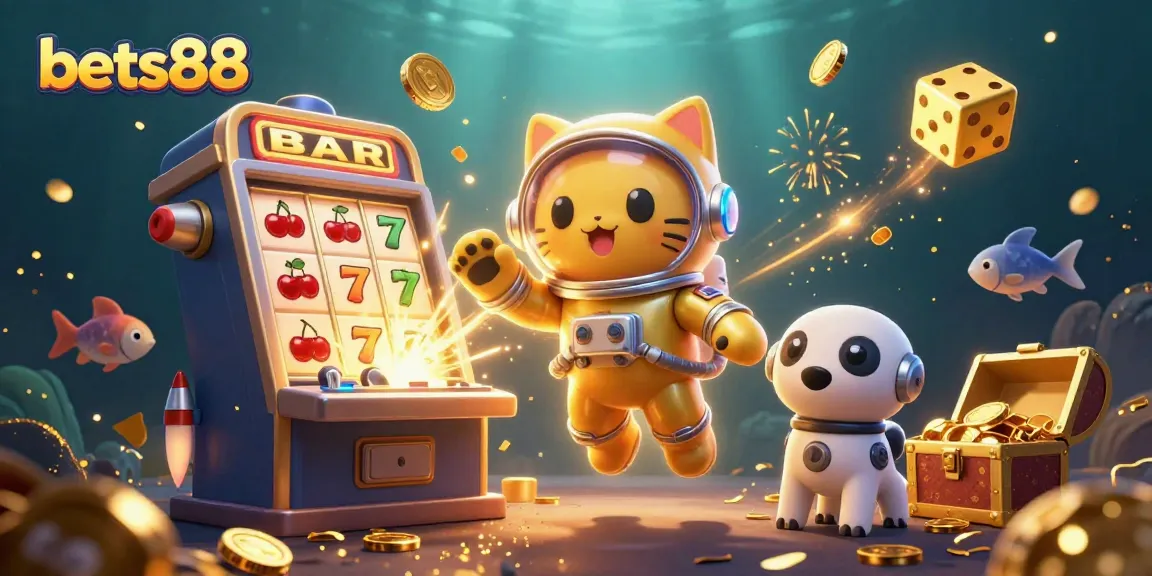 Bets88 offers dynamic gameplay with 3D astronaut cat and robot dog, thrilling slot machine action.