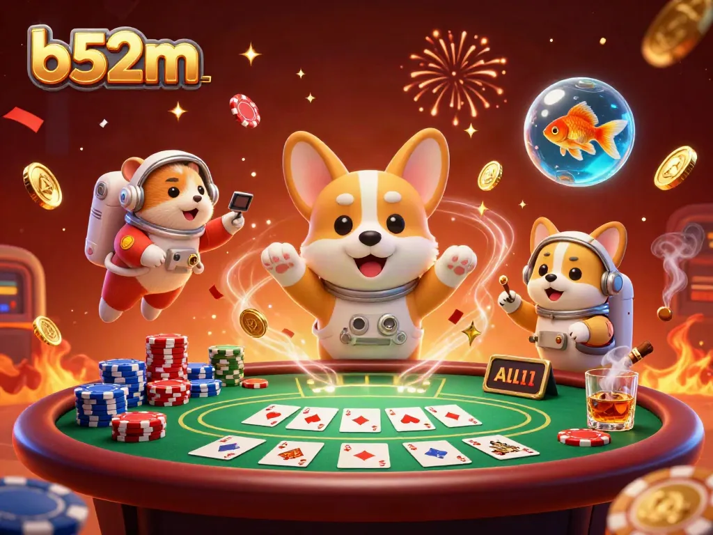 Engage with b52m's thrilling gaming in a space casino with colorful poker chips and whimsical characters.