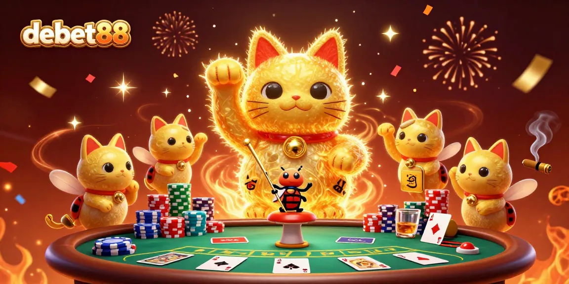 Engage with the magic of debet88 where golden fireflies create a lucky cat amidst casino excitement.